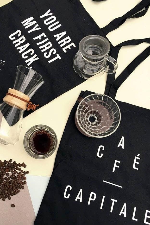 Cafe Capitale, Brussels, tote bags, brewing equipment, beans