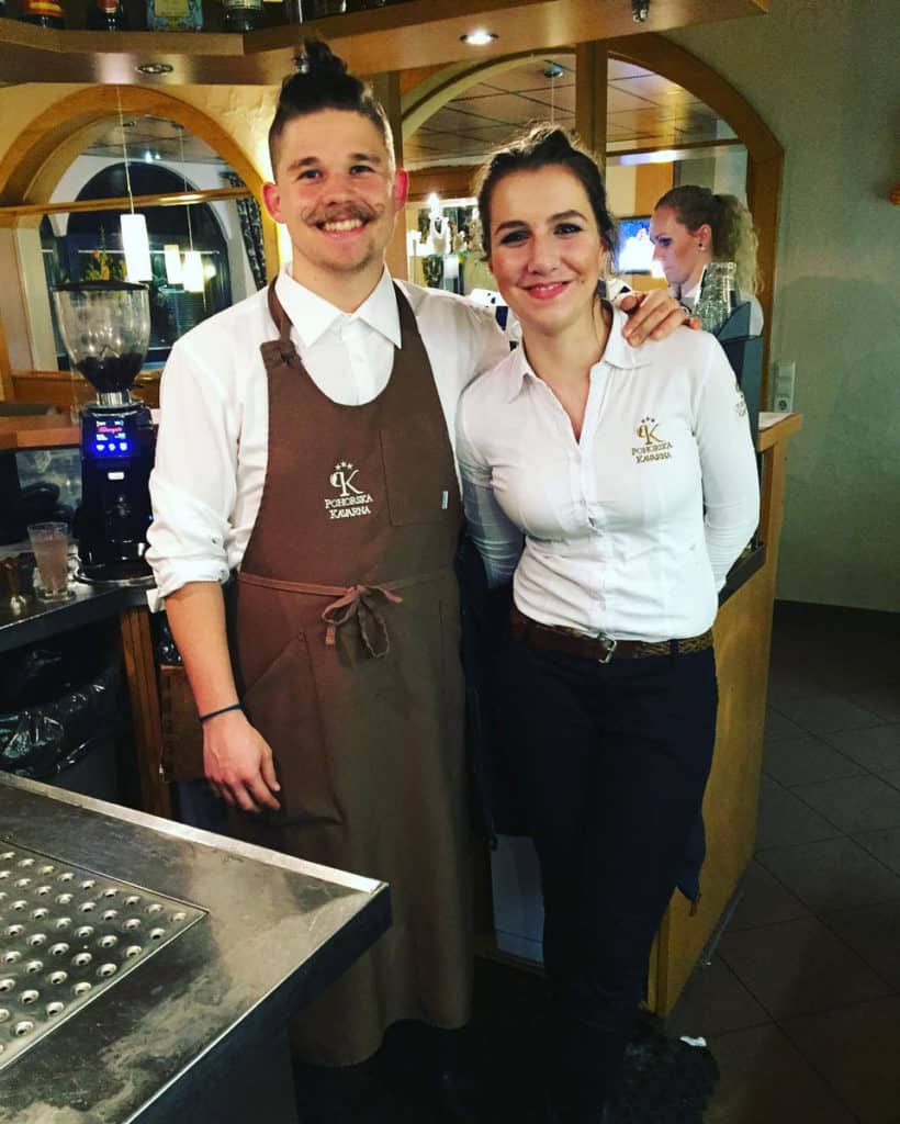 Matej and his girlfriend Frosina at his first barista job in Maribor.