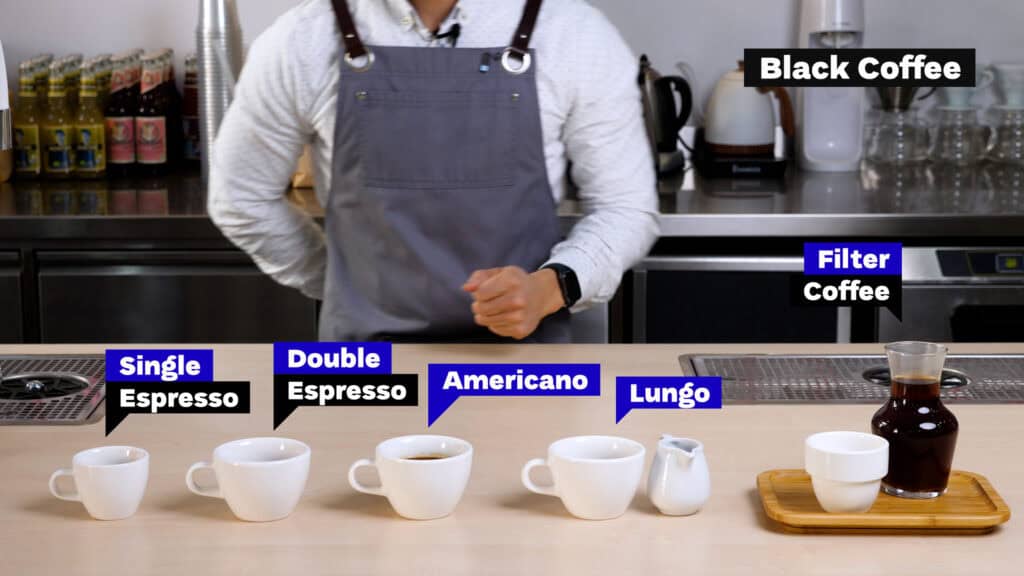 Black Coffee Drinks - single espresso, double espresso, Americano, lungo and filter coffee